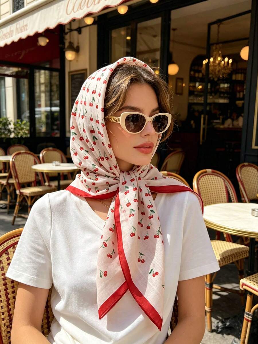 1 chiếc khăn cotton in hình quả anh đào dễ thương, khăn vuông mềm mại nhẹ 70cm, đa năng dùng để quấn đầu và buộc tóc. - Nhiều màu - Xem 1