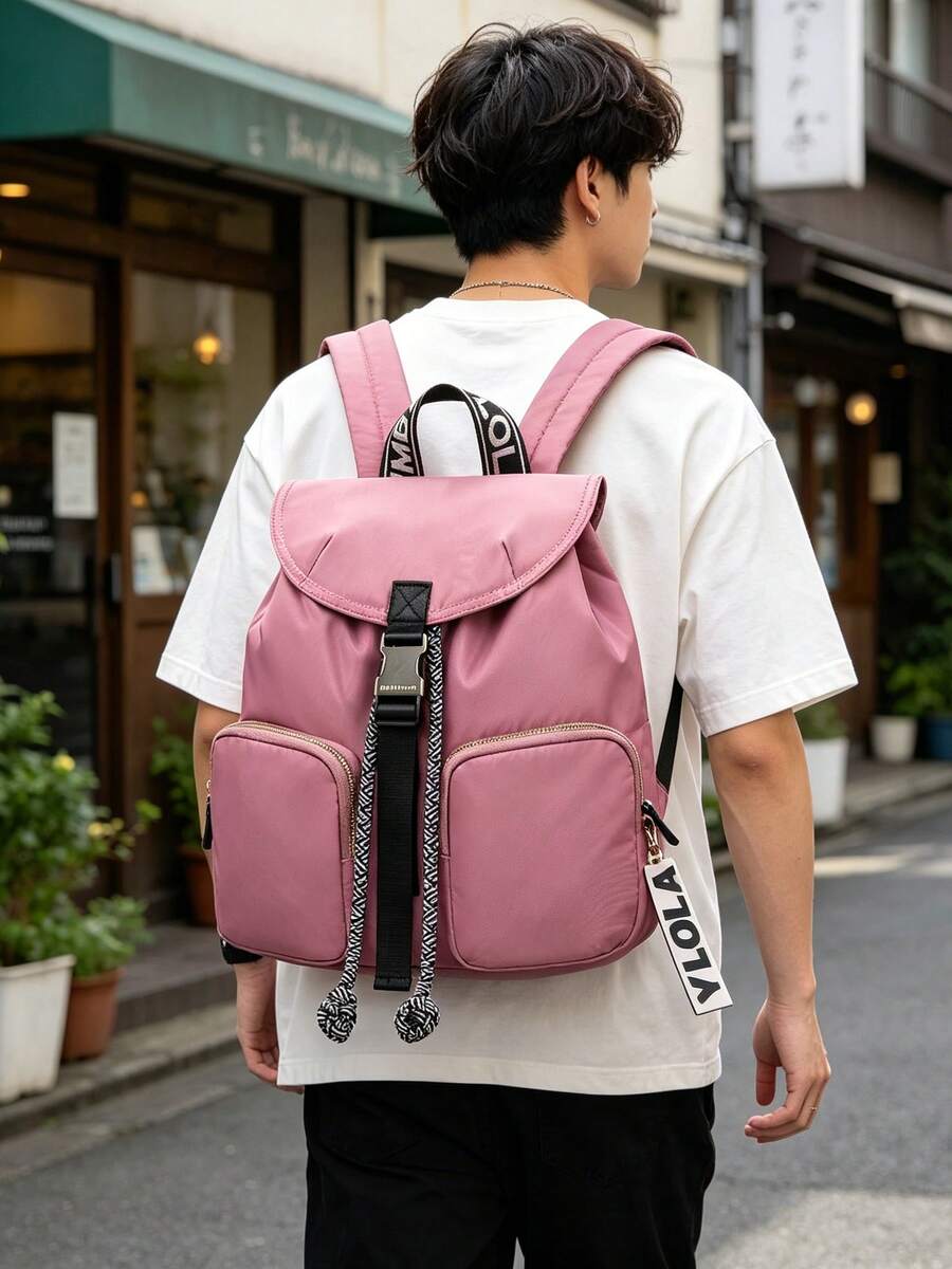 Mochila de nailon impermeable multicolor de 1 pieza con cordón ajustable, ligera y espaciosa para ir al trabajo o viajar. - Rosa - Ver 1