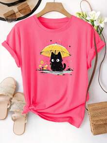 Camiseta de manga corta con estampado de gato y paraguas amarillo, top de cuello redondo para mujer, camiseta casual, adecuada para uso diario en primavera/verano, ropa de mujer - Ligera. - Albaricoque - Ver 6