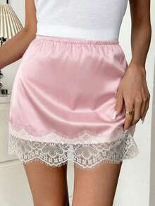Falda evasé con estampado de leopardo y encaje en contraste para mujer - Rosa Pálido - Ver 4