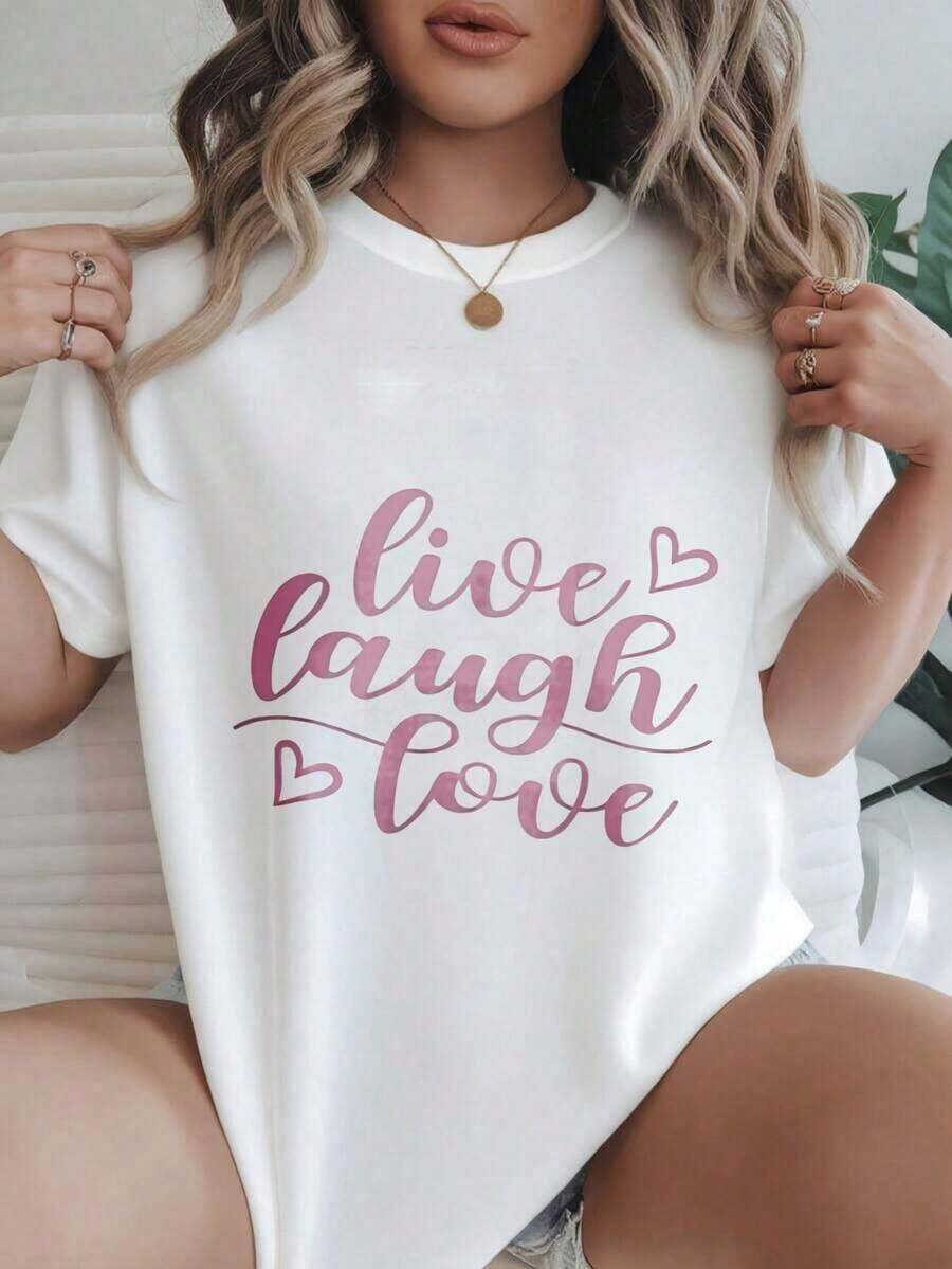 Women's Fashion Casual T-Shirt With Vintage Heart Design "Live Laugh Love", Suitable For All Seasons
BlackFashion - 白色 - 查看 1