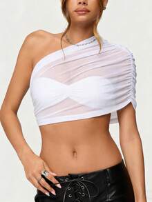 Women's Mesh Sheer One Shoulder Crop Top Ruched Asymmetrical Short Sleeve Bodycon Bra Top Going Out See-Through Layered Top - White - View 2