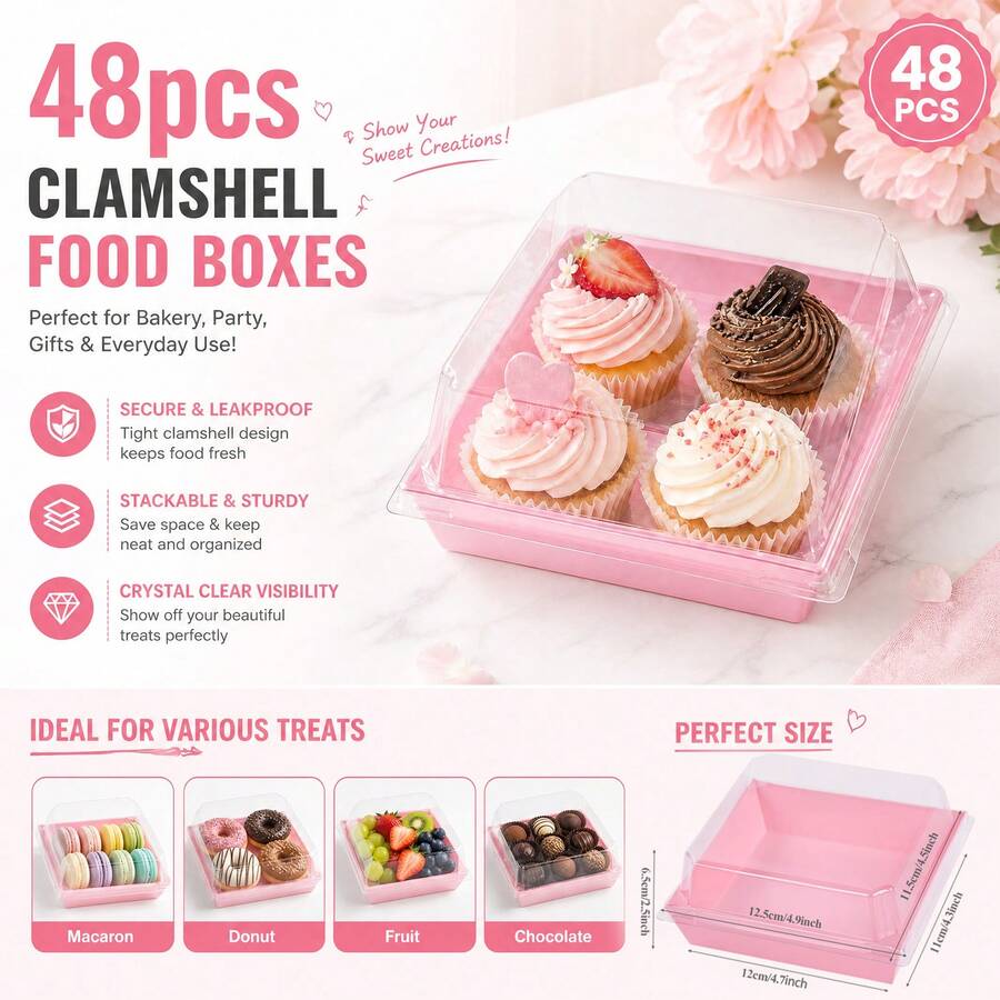 SHINDEL 48 cajas de papel rosa a prueba de aceite para porciones de pastel con tapas transparentes - Recipientes de postre de 12 cm aptos para panadería, macarrones, galletas, charcutería, dulces, cumpleaños, bodas, regalos para el Día de la Madre, caja de regalo - Rosa - Ver 1