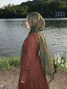1 chiếc khăn trùm đầu nữ in họa tiết hoa, khăn hijab mỏng in kỹ thuật số chất lượng cao, mềm mại và thoáng khí, khăn choàng đầu rộng viền, phong cách đường phố thường ngày, phù hợp cho mọi mùa để phối với váy. - 566-Dây leo xanh - Xem 3