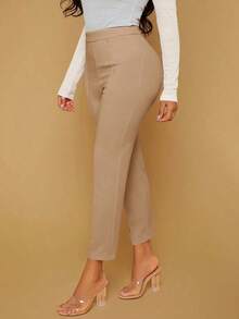 Pantalones unicolor de talle alto - Caqui - Ver 7