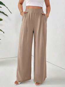 Pantalones holgados básicos casuales de cintura alta de unicolor, plisados y de pierna ancha para mujer - Albaricoque - Ver 4