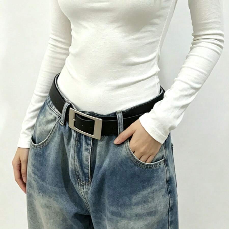 Thắt lưng da PU phẳng, khóa vuông lớn mới, kiểu dáng cơ bản dành cho nữ, khóa ghim, thắt lưng eo đa năng phong cách thường ngày cho nữ. - Khóa hình chữ nhật lớn, trơn nhẵn - Xem 1