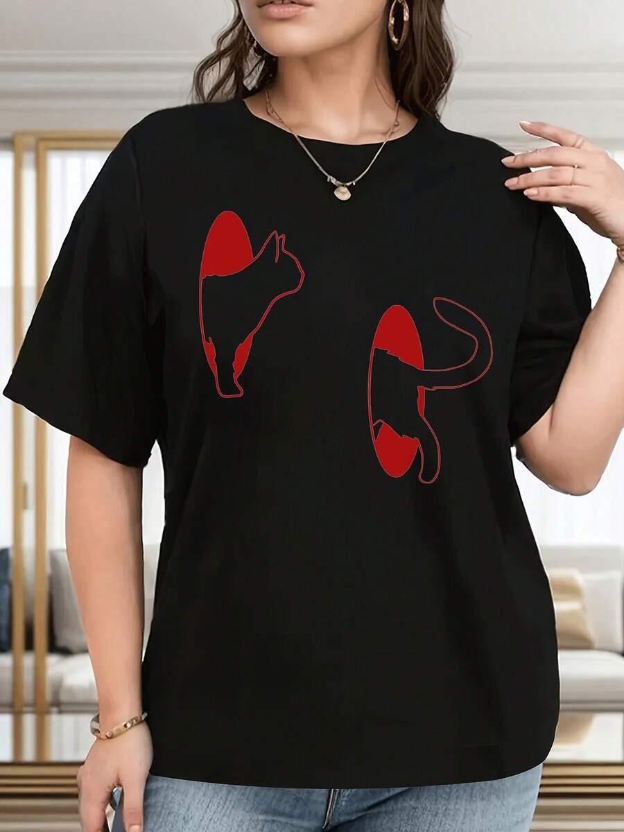 Camiseta de algodón puro para mujeres de talla grande - camiseta casual con estampado de gato en negro y rojo, cuello redondo, manga corta, suave y cómoda, adecuada para todas las estaciones, lavable a máquina, un bonito regalo para amantes de los gatos. - Negro - Ver 1