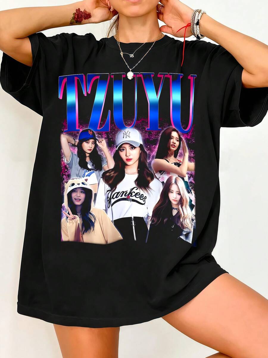 TZUYU Twic.E Unisex T-Shirt K-Pop Idol Music Merch, Tzuyu K-Pop Shirt, Tzuyu K-Pop Merch Pullover, Tzuyu Twic.E K-Pop Tee2. Vintage Graphic Print Casual Black Cotton Short Sleeve T-Shirt - Black - View 1
