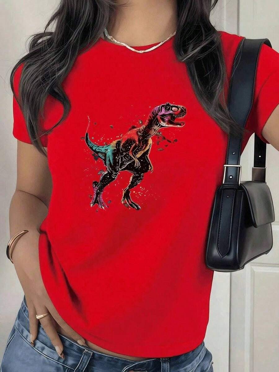 Women's Vintage Casual T-Shirt. This Women's T-Shirt Features A Colorful Dinosaur Print And A Modern Design, Perfect For Everyday Wear. Made From 100% Durable Cotton. It Has A Fashionable Gothic Style. - 紅色 - 查看 1