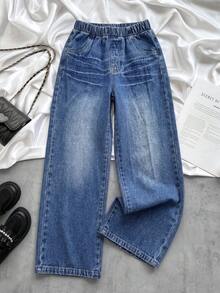 1pc Girls' Casual Versatile Washed Blue Denim Straight Leg Long Pants, Spring/Summer - Light Wash - View 1
