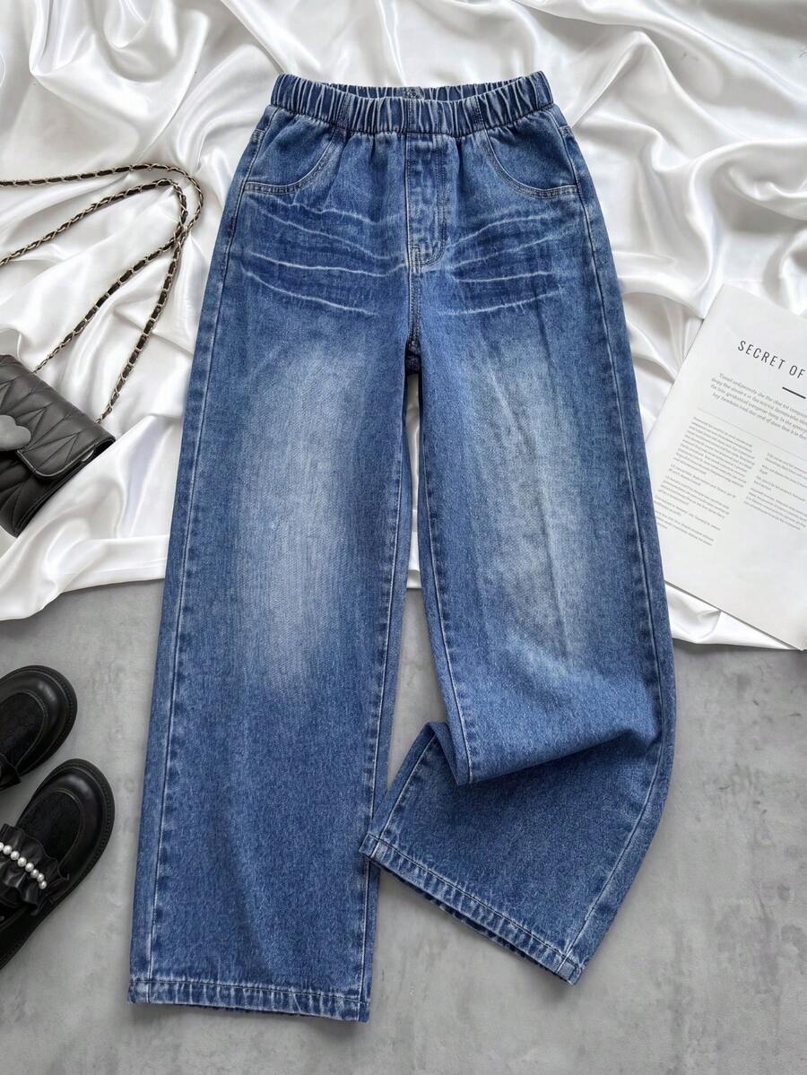 1pc Girls' Casual Versatile Washed Blue Denim Straight Leg Long Pants, Spring/Summer - Light Wash - View 1
