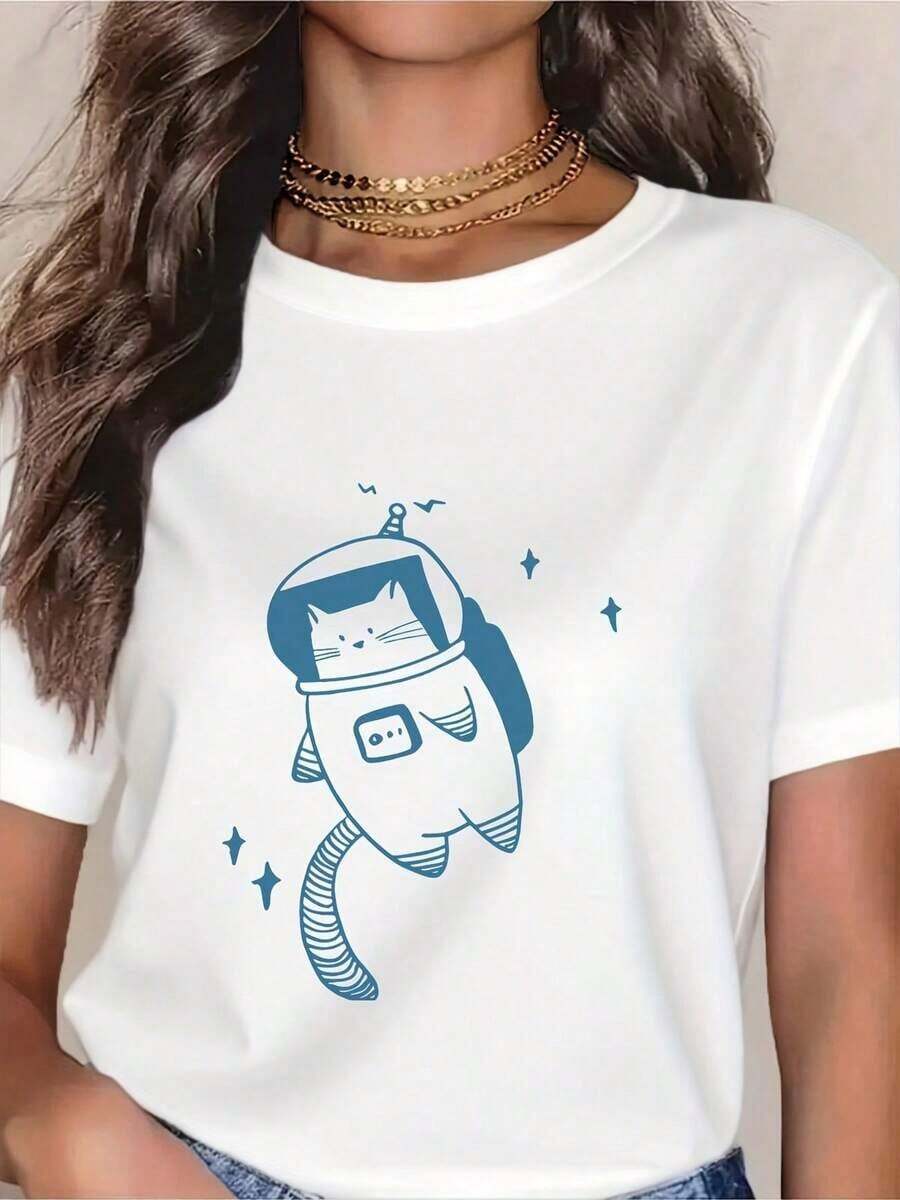 Best Selling Women's Summer T-Shirt - Astronaut Cat Print, 100% Cotton, Loose Fit, Short Sleeve, Round Neck, Casual T-Shirt For Daily Wear And Travel, Black And White, Summer Clothes, Fun Design, Comfortable Fabric. - 白色 - 查看 1