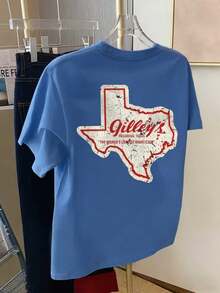 Vintage Casual Style Short-Sleeved T-Shirt, With A Print On The Front And Back, Featuring A Map Of Texas And The Word "Gilley's", Suitable For Everyday Summer Wear, Ideal As A Gift For Couples And Friends. - 藍色 - 查看 3