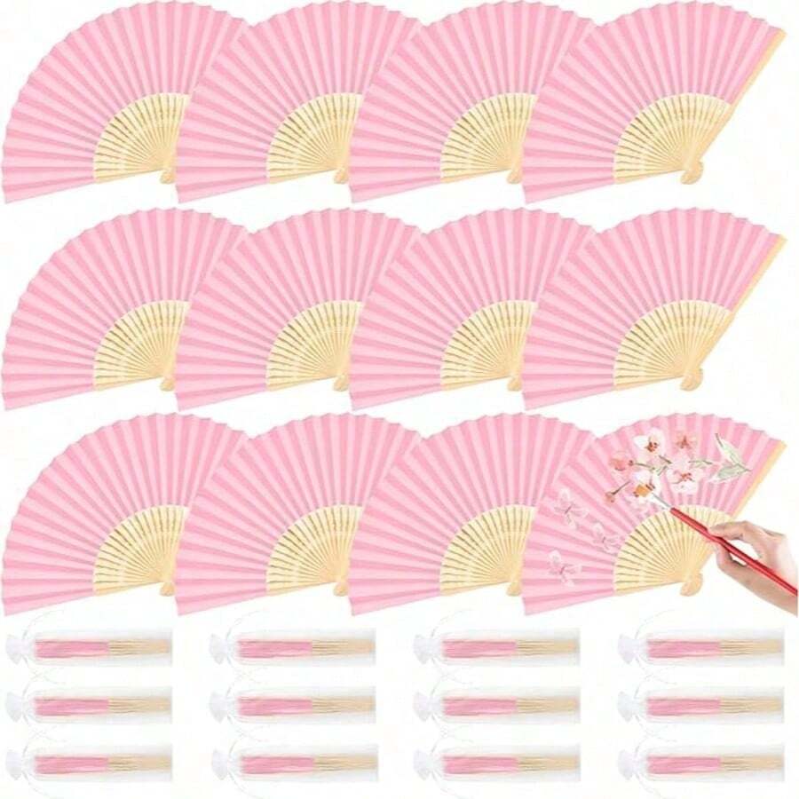 粉色纸扇,手持折扇,竹制折扇,便携式纸折扇,适用于婚礼、派对、家居装饰(粉色扇子+欧根纱袋) - 彩色 - 查看 1