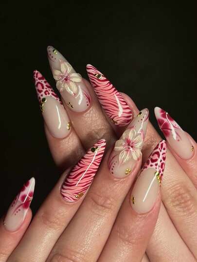 24 piezas/set Uñas postizas de punta larga, colores clásicos nude, rojo y blanco con bordes franceses, arte de uñas de gel 3D con flores, manicura francesa con estampado de leopardo y adornos de cuentas doradas, estampados de cebra, lunares y flores en las puntas de uñas falsas. Puntas de uñas artificiales elegantes y brillantes para mujeres y niñas, para uso diario, bodas, oficina, primavera y verano. Reutilizables con kit de herramientas, gran regalo para suministros de uñas de damas
