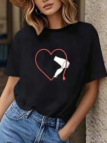 Women's T-Shirt With Humorous Heart And Hair Dryer Graphic Print For Hair Enthusiasts, Short Sleeve, Round Neck, Casual Top For Summer And Spring, Women's Clothing - 黑色 - 查看 7