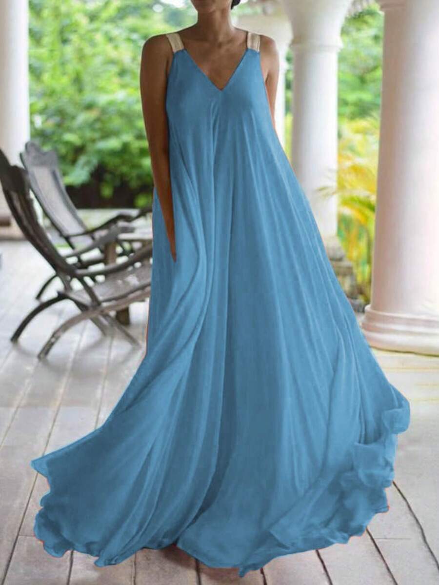 Vestido largo tirantes bohemio talla grande color naranja con escote V, versátil, verano 2026 - Azul lavado medio - Ver 1