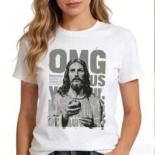 Camiseta de manga corta casual de algodón para mujer Tee1 Piece con estampado gráfico humorístico de Jesús, cuello redondo y corte regular, ideal para estilos de ropa casual de uso diario. C - Blanco - Ver 3