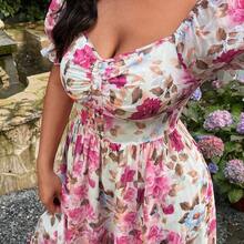 Plus Size Elegant Floral Print Cutout Dress, Spring/Summer - Multicolor - Ver 6