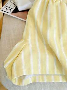 Conjunto de camisa de manga larga a rayas de un solo pecho y pantalones cortos versátiles de estilo vintage casual - Amarillo - Ver 4