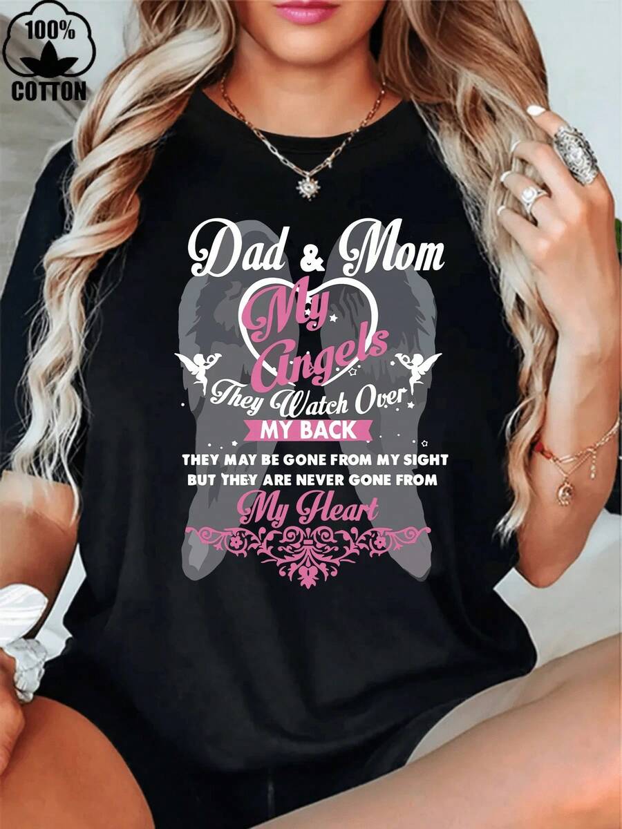 AINO Short Sleeve T-Shirt, 1 Piece, 100% Cotton, Mom And Dad In Heaven Forever, My Angels, Parents Memorial, 220g Thick Cotton, Women's Halloween Printed T-Shirt, 100% Cotton - 黑色 - 查看 1