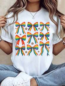 Camiseta con Estampado de Arcoíris para Mujer, Manga Corta Casual, Ropa para Fiesta Pride, Unisex, Streetwear, Camiseta Gráfica de Moda, Atuendo de Verano, 220g - Blanco - Ver 1