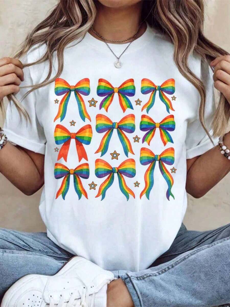 Camiseta con Estampado de Arcoíris para Mujer, Manga Corta Casual, Ropa para Fiesta Pride, Unisex, Streetwear, Camiseta Gráfica de Moda, Atuendo de Verano, 220g - Blanco - Ver 1