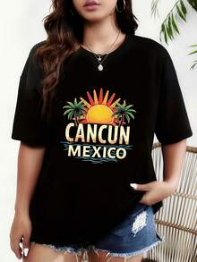 Camiseta de algodón puro para mujer, camiseta de ropa femenina, estampado con texto de Cancún, México, camiseta negra de manga corta con cuello redondo, estilo casual, ajuste cómodo, diseño moderno, versátil para uso diario, tela suave, estilo a la moda. - Negro - Ver 7
