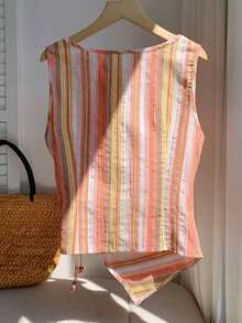 Camiseta de mujer de unicolor con dobladillo asimétrico, cintura con lazo y cuello redondo - Naranja - Ver 2