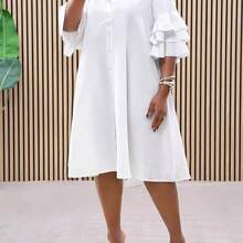 Women Solid Color Simple Casual Beach Short Sleeve Layered Ruffle Sleeve Shirt, Uneven Hem Mid-Length Dress,Graduation Dress - Rosa - Ver 9