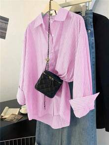 Camisa de mujer de un solo pecho a rayas, versátil y casual para uso diario - Rosa - Ver 6