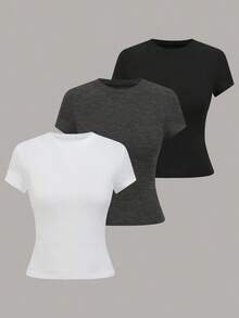 Camiseta de mujer de unicolor y manga corta, sencilla, casual y versátil - Multicolor - Ver 1