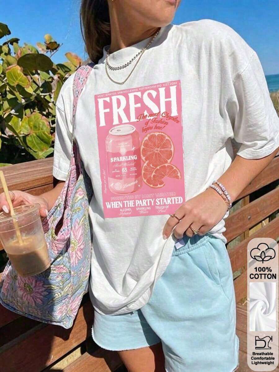 Camiseta Oversize para Mujer con Estampado de Naranja, Cuello Redondo, Manga Corta, Diseño Casual - Blanco - Ver 1