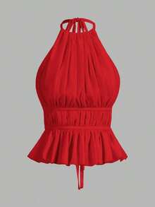 Top sin espalda con cuello de halter con pliegues y cintura con lazo para mujer - Burdeos - Ver 12