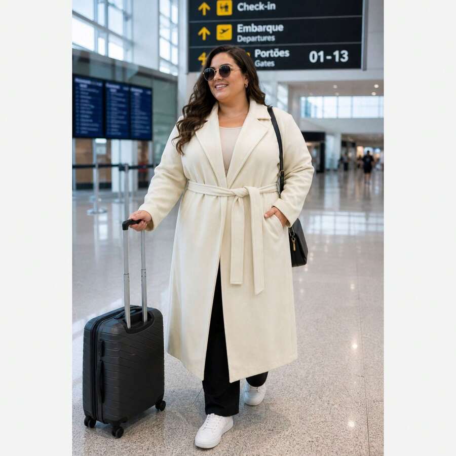 Plus Size Long Wool Overcoat With Belt Sbtpl-009 - Màu be - Xem 1