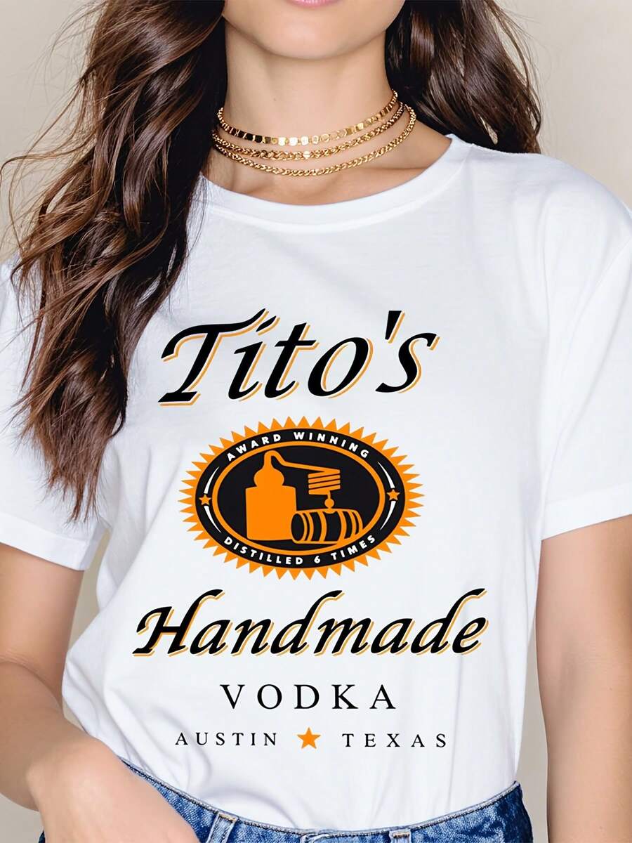 Women's Casual Loose Fit Crew Neck Short Sleeve Top Tito's Handmade Vodka Logo Print Austin Texas Design For Everyday Wear And Outings - trắng - Xem 1