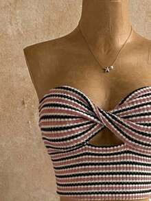 Top corto de algodón de punto a rayas con nudo - Uso versátil de verano, festival occidental, chica de isla vintage, vacaciones en la playa, vibraciones de vacaciones románticas, vacaciones de primavera, chica linda y limpia, vacaciones en la p - Rosa vieja - Ver 4