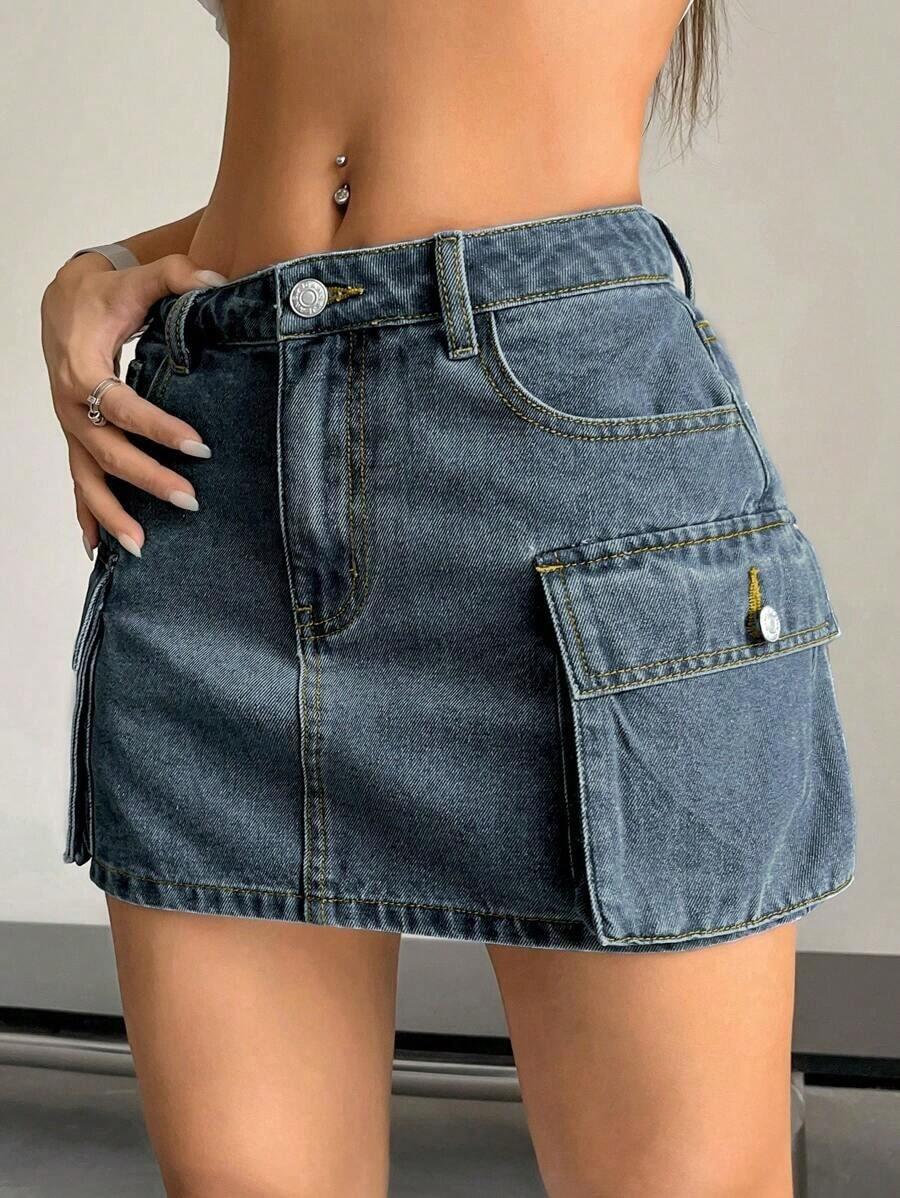Falda vaquera de cargo de unicolor de verano para mujer - Azul - Ver 1
