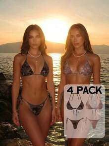 Conjunto de bikini con estampado de teñido anudado para mujer, traje de baño de mujer con decoración de concha iridiscente sexy para fiestas y festivales de música, atuendo de playa de vacaciones para mujer - Multicolor 5 - Ver 11