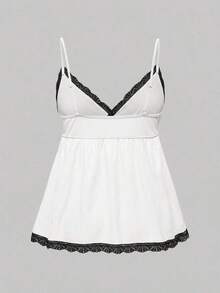 Conjunto de pijama casual de camiseta de tirantes acanalada y shorts con encaje - Blanco y Negro - Ver 6