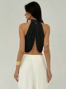 Blusa elegante y sexy para mujer con cuello cruzado, fruncido en la espalda y botones, de estilo casual y de vacaciones, de gasa - Negro - Ver 2