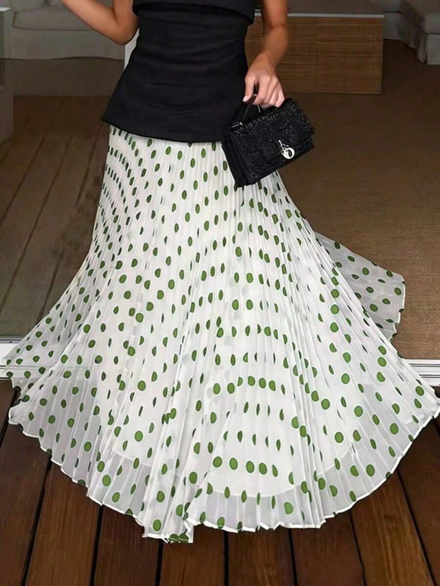 Vestido maxi plisado con estampado de lunares francés para mujer, adecuado para vacaciones de primavera/verano en la playa - Multicolor - Ver 1