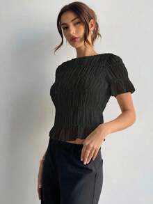 Blusa de mujer elegante de chifón y encaje con parches en color albaricoque - Negro - Ver 3