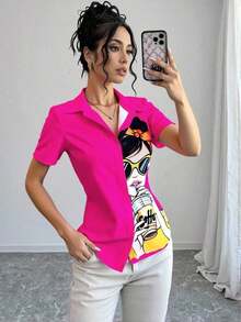 Blusa de mujer con estampado de chica de moda, manga corta y abotonadura, top de manga corta - Rosa Fucsia - Ver 5