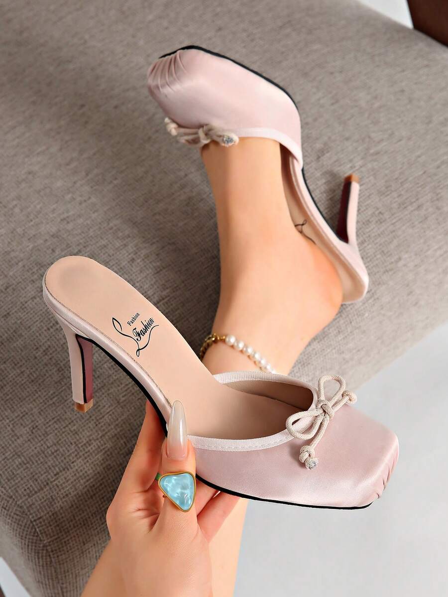Giày sandal cao gót kiểu Pháp thắt nơ quai mảnh, đế đỏ, mẫu mới mùa xuân sớm dành cho nữ. - Hồng - Xem 1