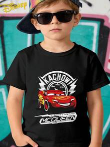 Disney Cars Lightning Mcqueen No. 95 Summer Cool Cartoon Graphic With English Lettering Casual Sports Outdoor Multi-Functional Short Sleeve T-Shirt, Stylish And  Boys' Clothing Suitable For Boys Aged 12 And Under For Daily Home, School - màu đen - Xem 1