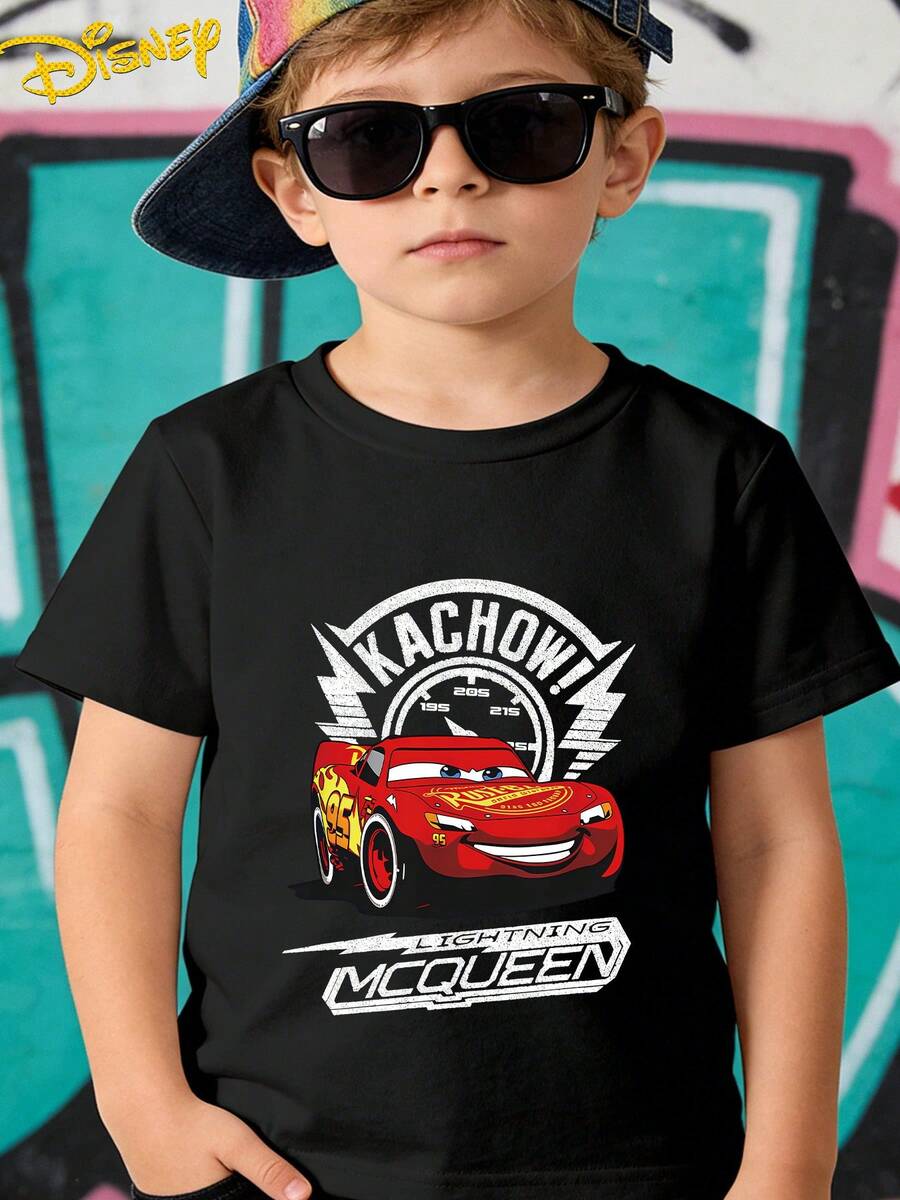 Disney Cars Lightning Mcqueen No. 95 Summer Cool Cartoon Graphic With English Lettering Casual Sports Outdoor Multi-Functional Short Sleeve T-Shirt, Stylish And Boys' Clothing Suitable For Boys Aged 12 And Under For Daily Home, School - màu đen - Xem 1