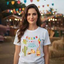Camiseta Basica Festa junina Caipira São João Premium Peão Arraiá Cacto Estiloso Unissex Camisa - Branco - Visão 2