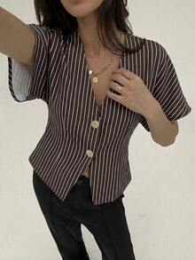 Camisa blanca sólida con mangas de murciélago, doble botonadura y frente abierto elegante - Marrón - Ver 6